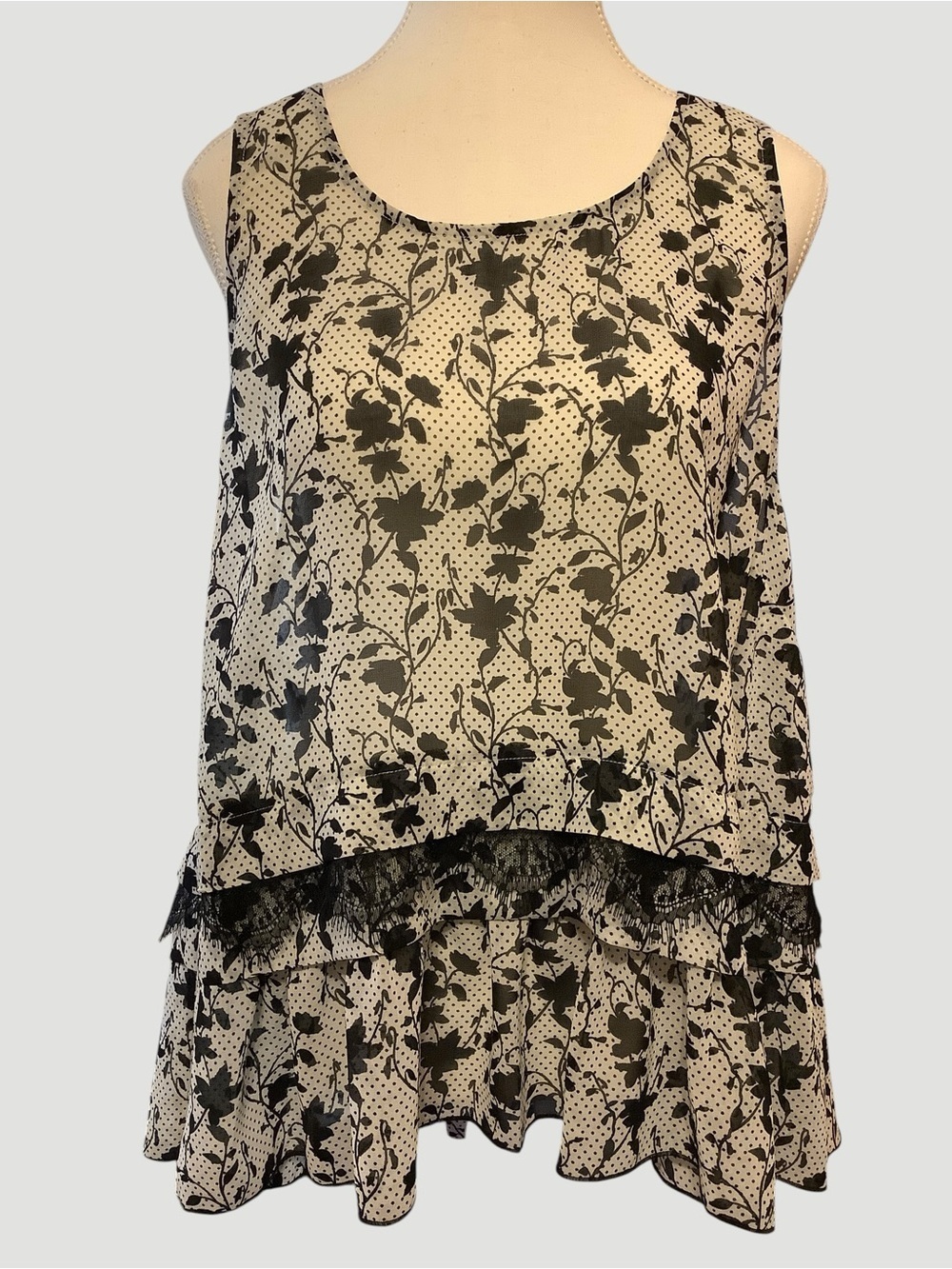 Cabi Black & White Floral Polka Dot Layered Tunic Blouse XL Lace Hem Boho Chic